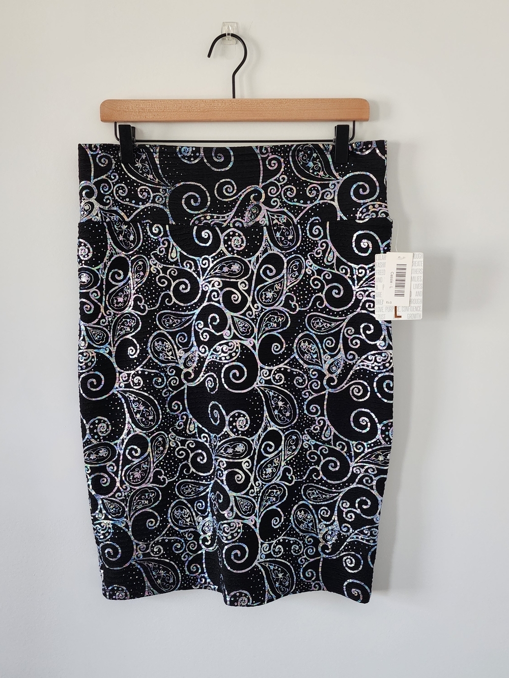 LulaRoe Cassie Pencil Skirt Large Black Holographic Iridescent Paisley NWT